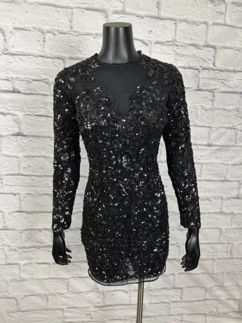 Primavera Couture Black Sequins Long Sleeve Mini Dress Round Neck Women's Size 4