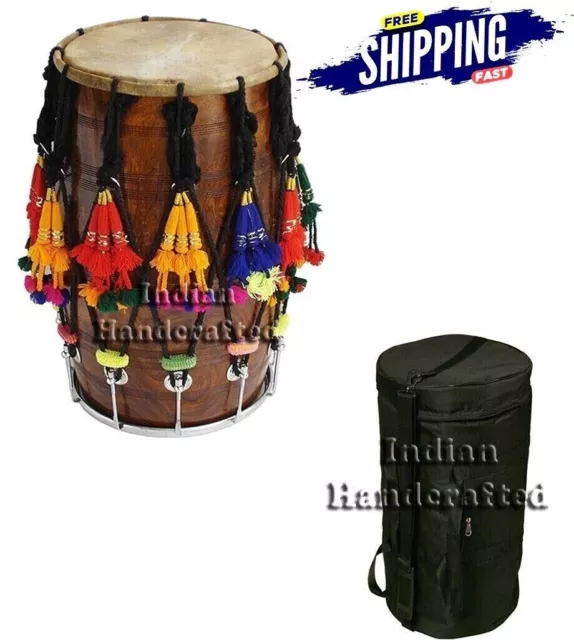 Musical Instrument Mango Wood Natural Finish Punjabi Bhangra Dhol Drum With Bag