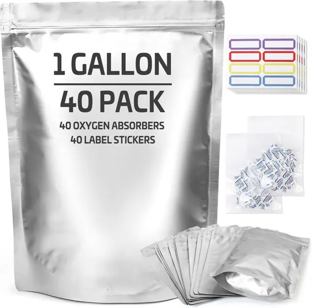 40pc Mylar Bags for Food Storage With Oxygen Absorbers Label Resealable 1 Gallon