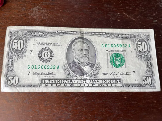 1993 (G) $50 Fifty Dollar Bill Vintage Federal Reserve Note Chicago