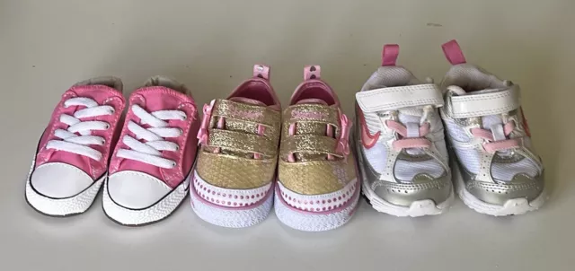 Lot Of 3 Pairs Of Girls Toddler Shoes Nike, Skechers & Converse Size 1 & 2 NEW