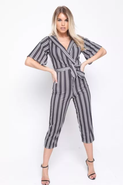 Ladies Striped Culotte Jumpsuit Wrap Tie Knot Belt Wide Leg Short Leg Cocktail