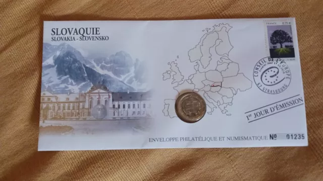 Enveloppe 1er Jour Philatélique + Numismatique: 1 Euro Slovaquie Nº1-77