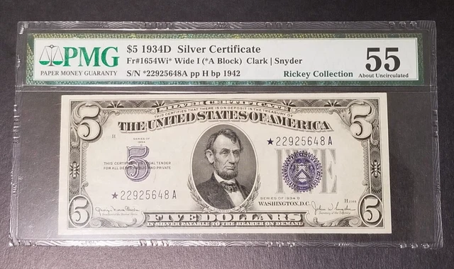 FR. 1654* $5 1934-D *** STAR NOTE *** Silver Certificate Wide I PMG 55 AU