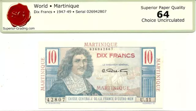 Martinique 10 Francs 1947-1949 ~ P-28 ~ Superb Choice Crisp Uncirculated Note