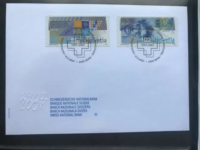 Schweiz 2007 Ersttagsbrief Satz FDC Nationalbank Geld