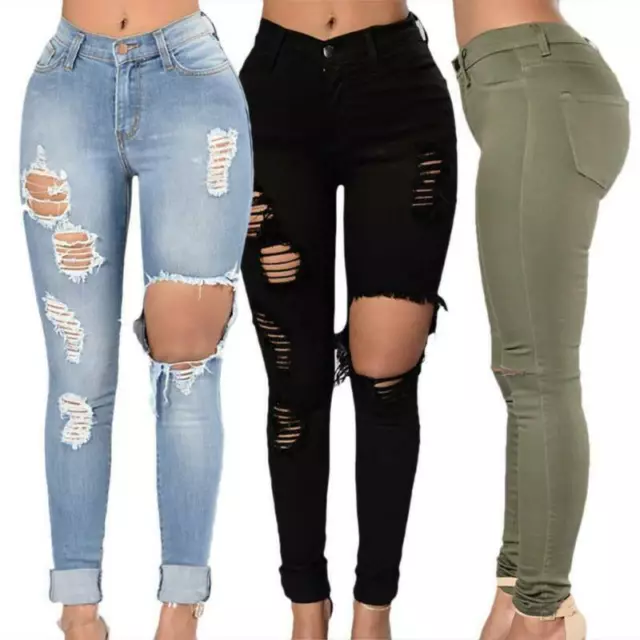 Ladies High Waisted Ripped Slim Fit Skinny Jeans Trousers Pants Leggings Sexy AU