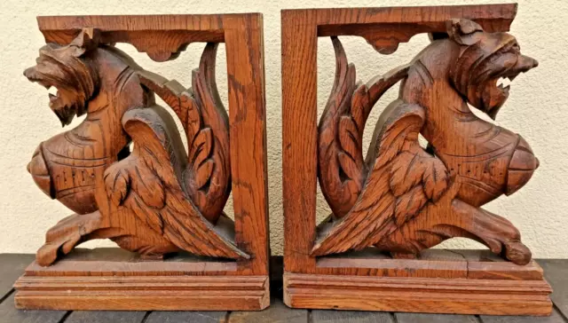 Antique PAIR French Pillars Wood Carved Gothic Griffin Dragon Lion Cabinet 19th