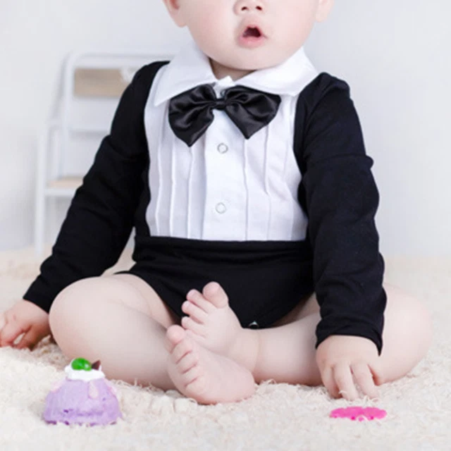 Baby Boy Gentleman Fake Two Piece Romper Long Sleeve Bodysuit for Birthday Party