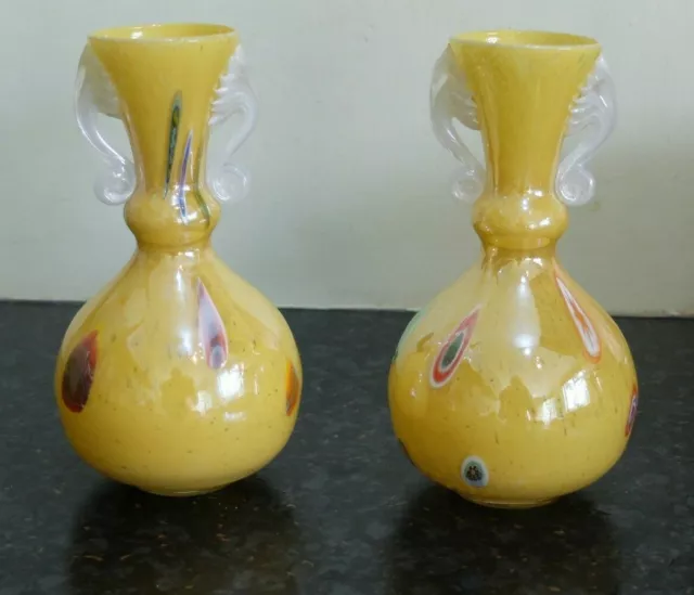 Mid 20th century Italian yellow spatter glass vases with murrine patterns.