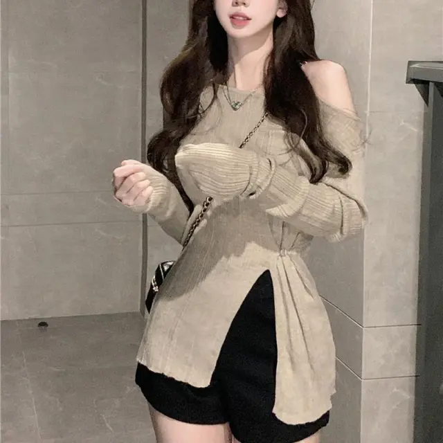 Women's Fashion Casual Knit Bottoming Shirt Waist One Shoulder Long-sleeved Tops
