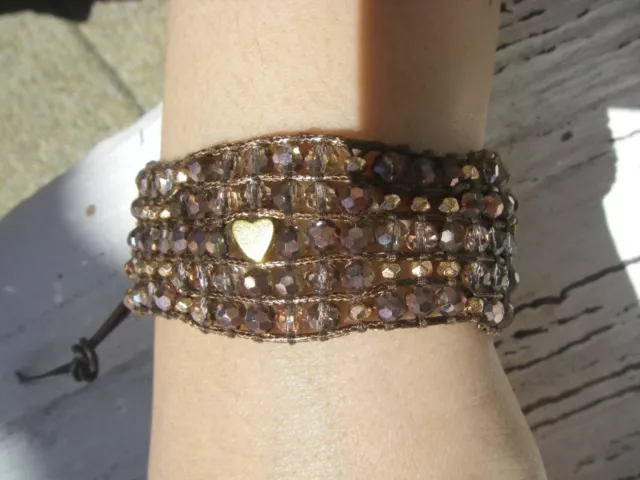 Bracelet perles AB cuir marron Topaz Pyrite Bead Golden heart Leather chan luu 2