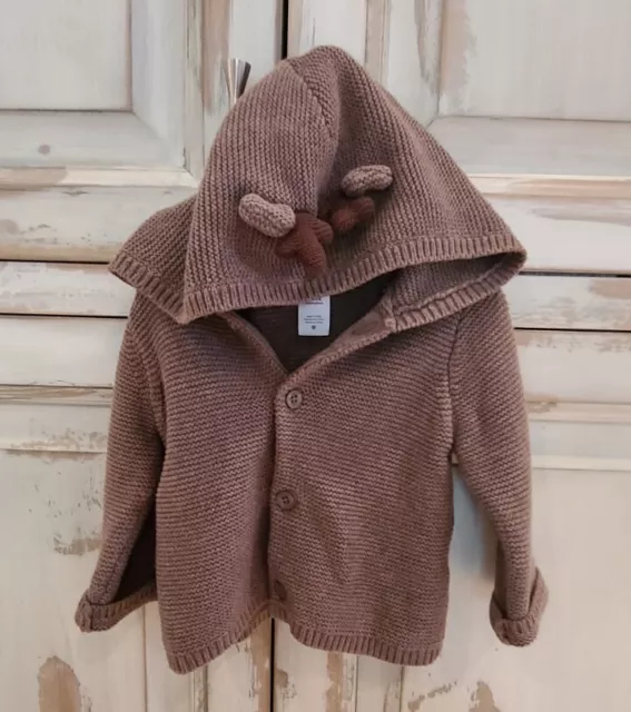 Carters Baby Boys/Girl Brown Reindeer Hooded Cardigan Knit Size 9 mths EUC