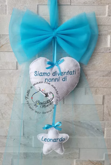 Fiocco nascita da regalare ai nonni con il cuore, stellina e nome ricamati 2