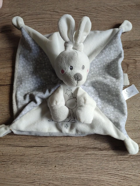 Doudou Plat Carré Lapin Blanc Gris Attache Sucette Etoiles Simba Toys tbe