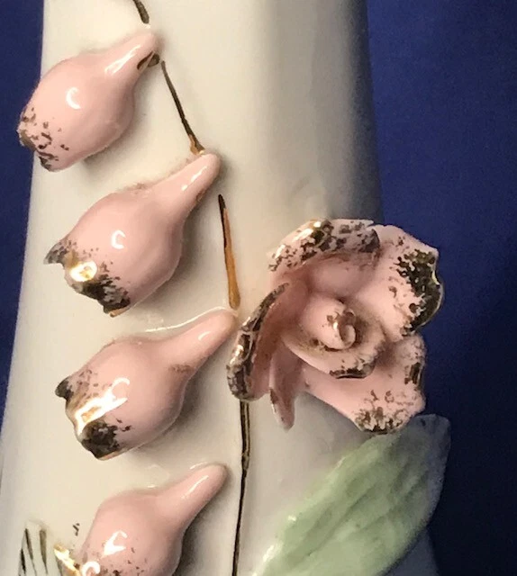 Porcelain Bud Vase~Urn Shaped~With Applied Raised Lilies of the Valley~Gold Trim 3