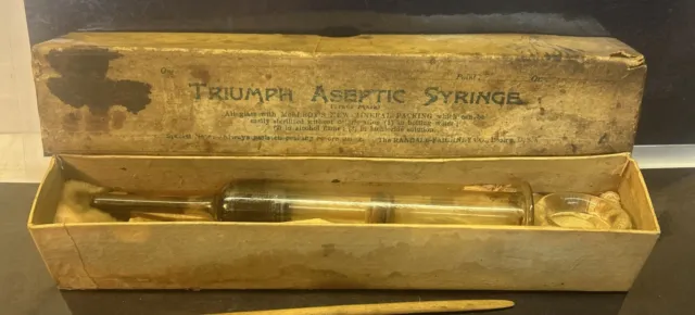 Antique Glass Syringe Triumph Aseptic 9”Syringe In Box Medical Antique