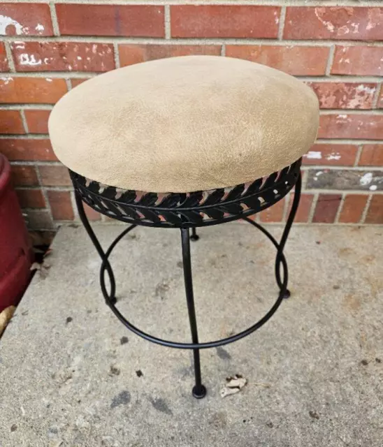 Vintage Wrought Iron Footstool Vanity Bench Tan Suede Upholstery