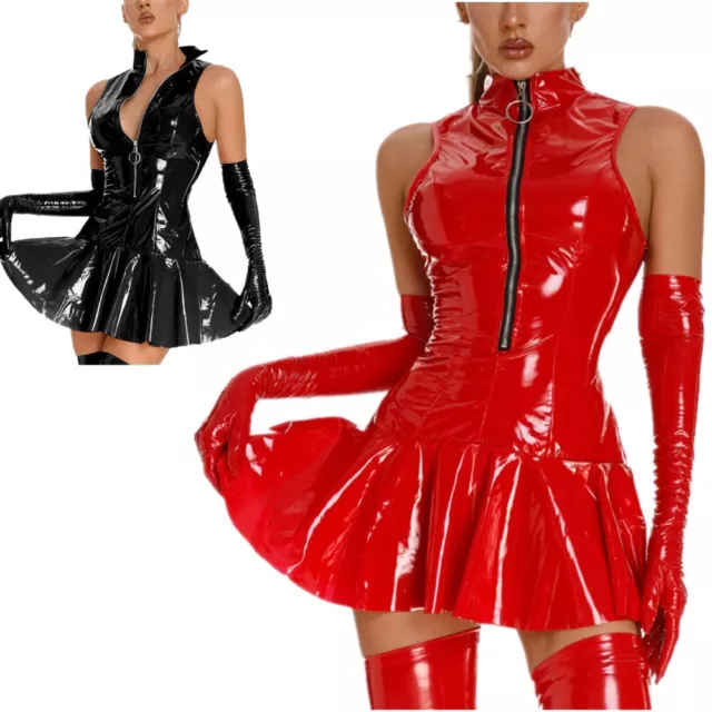 Womens PVC Leather Zipper Dress Stand Collar Flare Mini Skirt Bodycon Clubwear