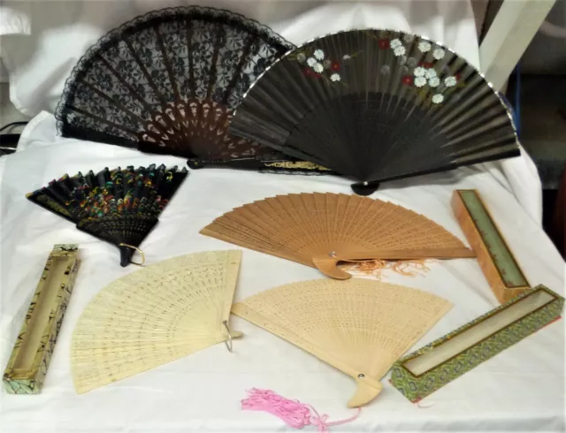 VINTAGE ORIENTAL HAND FANS x 6 + Wall Hanging Japanese Chinese Asian Decorative