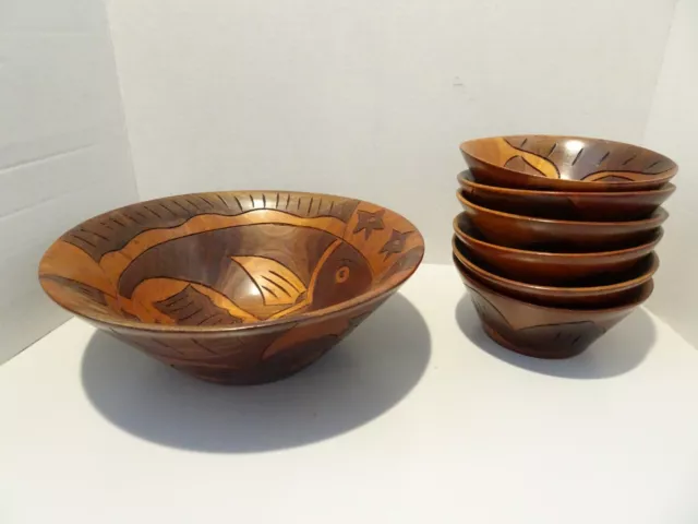 Vintage Hand Carved Wood 7 Piece Salad Bowls Set Tiki Haiti Fish Theme Flowers