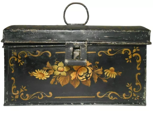 Early-Mid 19Th C American Folk Art Primitive Hnd Dec Tin Toleware Box/Orig Hrdwr