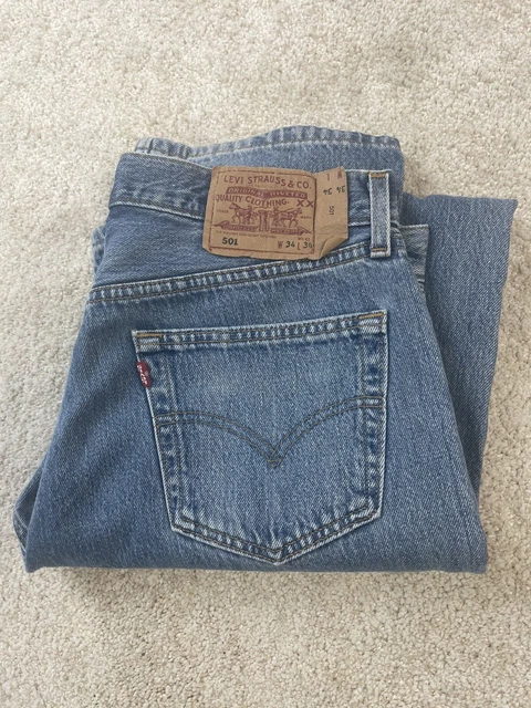 Jeans Levi 501 vita dritti blu 34 gambe 34 reali W34 L32 mosca con bottoni 5 tasche