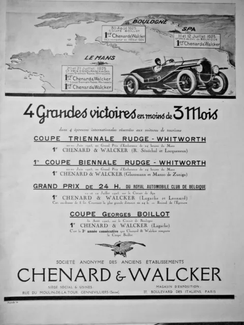 PUBLICITÉ DE PRESSE 1925 CHENARD & WALCKER 1er AU 24 HEURES DU MANS