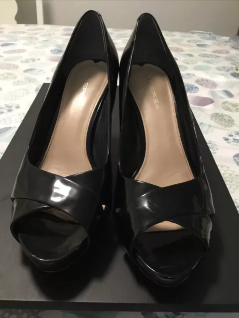 VIA SPIGA Black Patent Open Toe Platform Pumps Heels Shoes 9.5