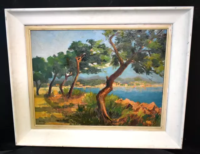 Cuadro al óleo paisaje de Provenza visto desde Cap Martin firmado siglo XX