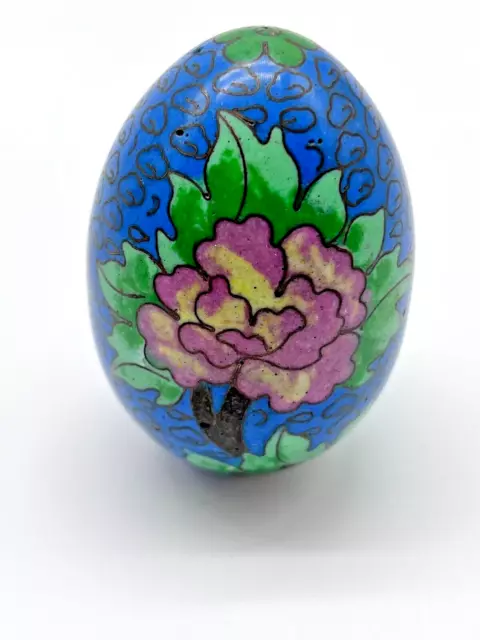 Vintage Cloisonne Enamel Easter Egg - Blue Pink Green Flowers - Asian