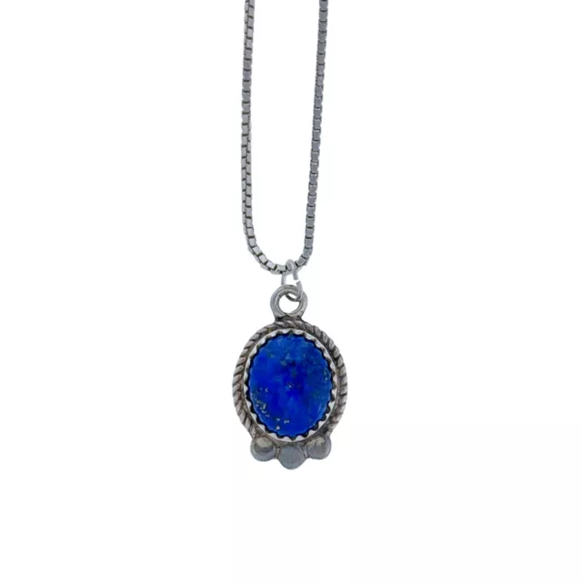 Vintage Sterling Silver 925 Rope Framed Oval Lapis Lazuli Pendant Necklace 16"