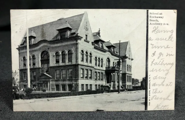 1906 School at Rockaway Beach NY Antique Vintage Postcard PC UDB View