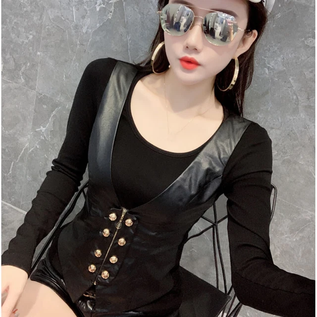 Femme Simili Cuir Joint T Shirt Faux Deux Pièces Chaud Haut Chemisier Slim Sexy