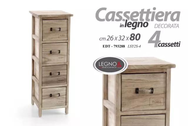 Cassettiera Legno Naturale 4 Cassetti Marrone Slim Salvaspazio 26*32*H80Cm