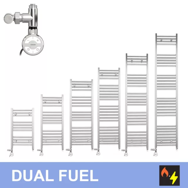 600mm Wide Dual Fuel Chrome Heated Towel Rail Radiator Bathroom MOA Thermostatic