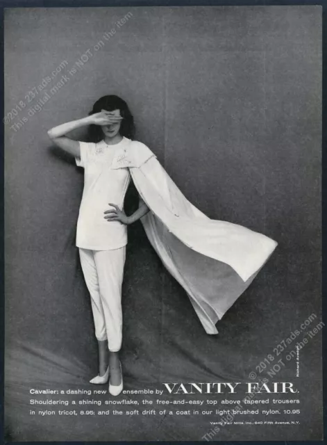 1959 Richard Avedon photo woman in white top cape Vanity Fair lingerie print ad