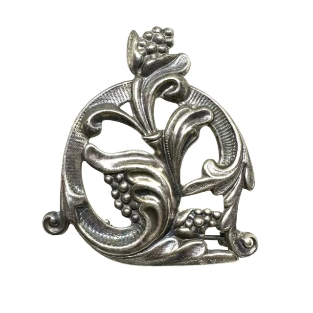 ART NOUVEAU Sterling Silver GRAPES Jewelart Style Ornate Brooch Pin 925 Vintage