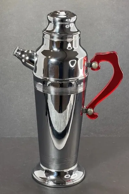 VTG. Art Deco Chrome Cocktail Shaker Martini Pitcher Red Bakelite Handle 12 3/4”