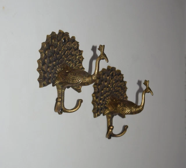 Dancing Peacock Brass Hook Wall Mounted Bird Coat Hanger Set of 02 Pieces HK273
