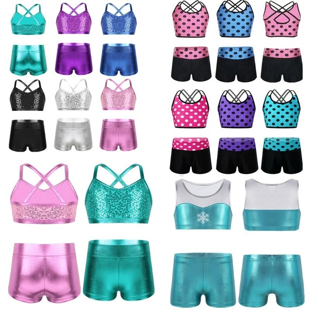 Girls Kids Sports Dance Outfit Crop Top Booty Shorts Gymnastics Dancing Swimwear