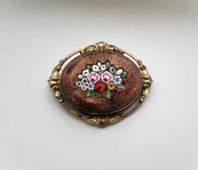Antique Victorian Edwardian Pietra Dura Inlaid Micro Mosaic Gold Tone Brooch Pin