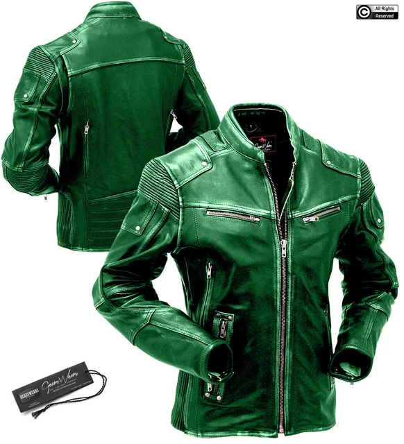 Giacca da uomo verde vintage biker moto caffè racer effetto invecchiato vera pelle