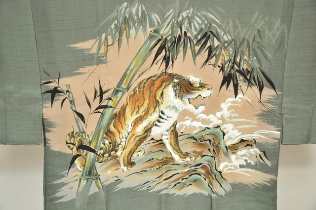 Vintage Japanese Kimono Silk Men’s Juban Olive Green Tiger Bamboo Grove Art