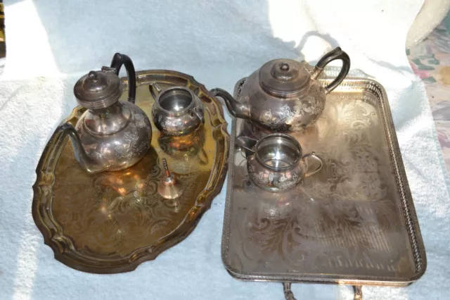 Vintage Sheffield Silver Plated tea set and two trays