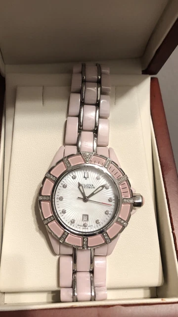 LADIES BULOVA ACCUTRON Pink Ceramic With Diamonds- Rare And  display picture 1
