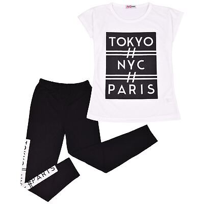 Ragazze Bambini Top Maniche Corte Tokyo, NYC, PARIGI Stampa Nero T Shirt & Legging Set