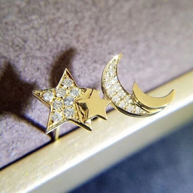 1Ct Round Cut Cubic Zirconia Star Moon Stud Earrings 14K Yellow Gold Plated