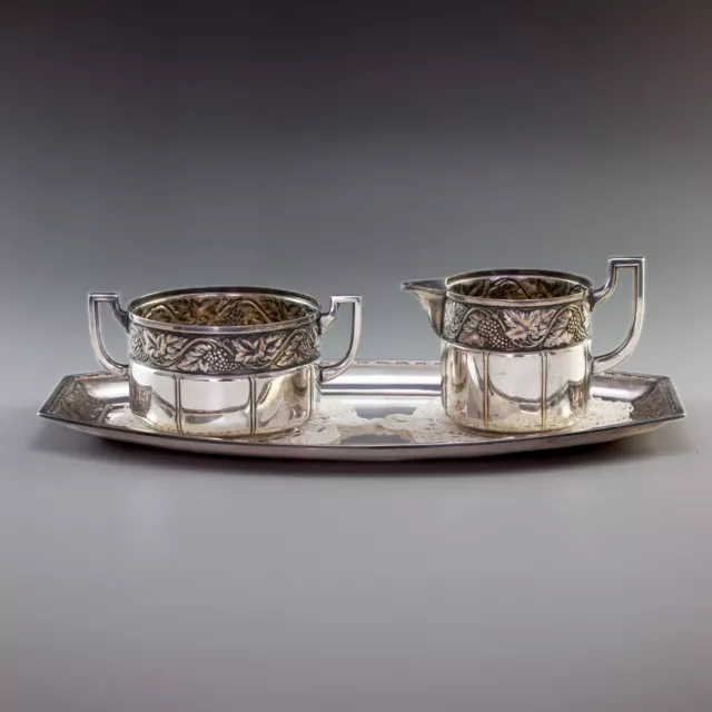 WMF Jugendstil Antik Milch & Zucker Set versilbert Straußenmarke Weindekor