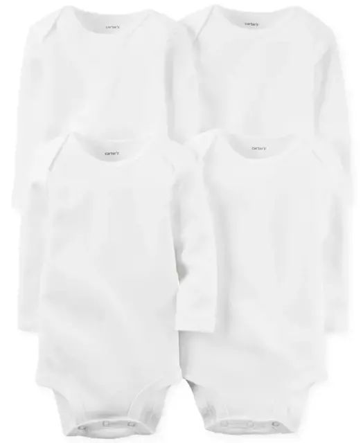 Carter's WHITE Baby Boys or Baby Girls 4-Pack Long Sleeve Bodysuits, US New Born